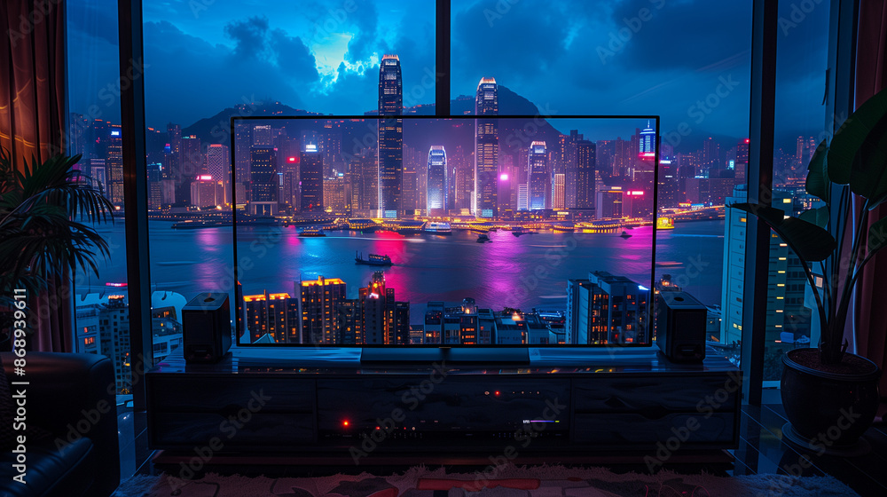 Wall mural night view of the city in tv set at home,closeup