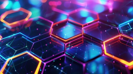 Hexagonal shapes illuminated with vibrant neon lights, tech background, futuristic feel