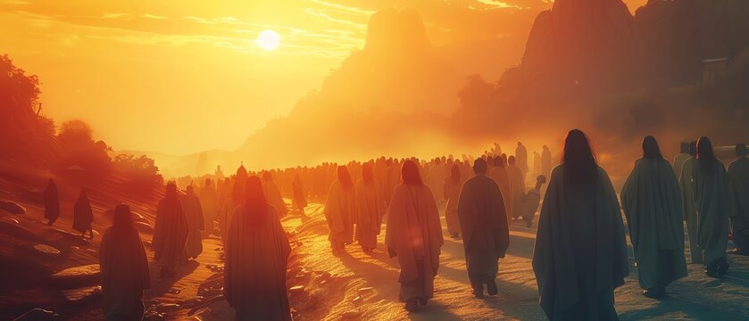 Illustrate a cinematicstyle image of a holy pilgrimage with large copy space