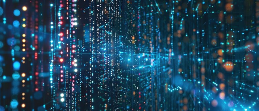 Cyberspace filled with streaming binary code, matrix aesthetics, software developer setting