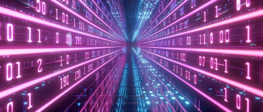 Binary code in a neon cyberspace, abstract tech environment, software developer theme