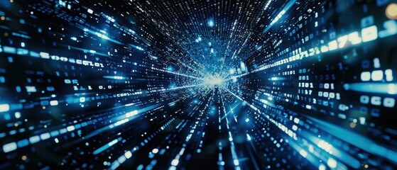 Obraz premium Abstract futuristic cyberspace with flowing binary code, digital matrix, software development