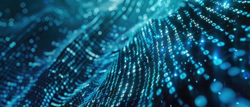Abstract futuristic tech with flowing binary digits, programming code, matrix-inspired background