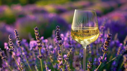 Lavender Field with Violet Flowers: Glass of White Wine in the Foreground