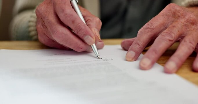 Hands, senior person and signing documents for retirement plan, final wishes and legal agreement. Closeup, home application or pensioner with paperwork for mortgage, last will and testament with form