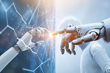 AI, Machine learning, Hands of robot and human touching on big data network connection background, Science and artificial intelligence technology, innovation and futuristic with generaive ai
