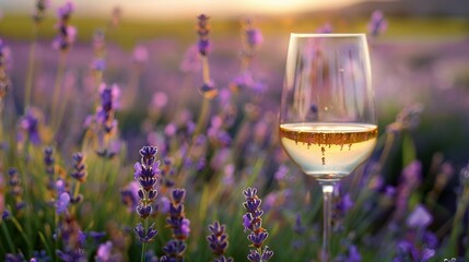 Lavender Field Scene: Glass of White Wine with Violet Flowers in the Background