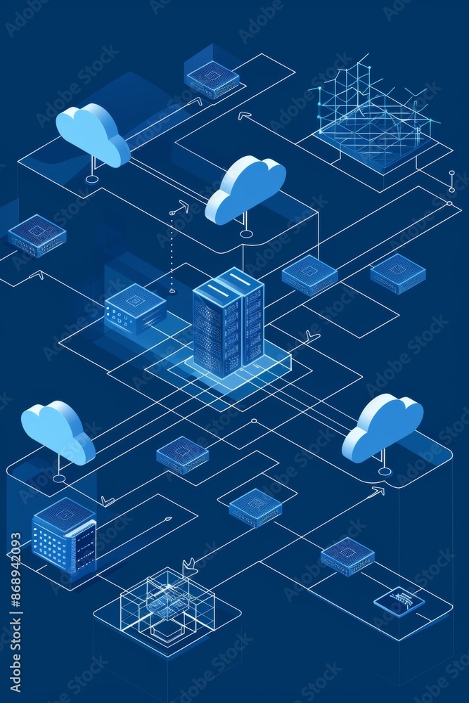Poster blueprint-style flowchart representing cloud data migration, servers, storage, and network component
