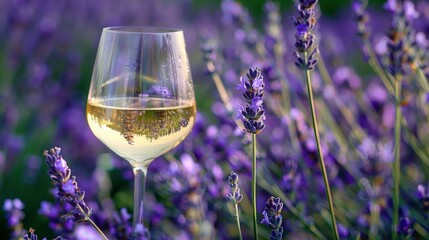 Violet Flowers and Lavender Field: Glass of White Wine in the Foreground