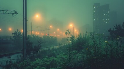A misty city street scene with glowing streetlights and tall buildings in the distance.