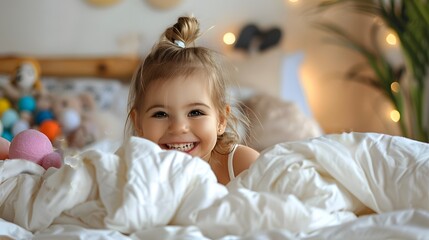 Fototapeta premium A Cheerful little girl in bed having fun. 
