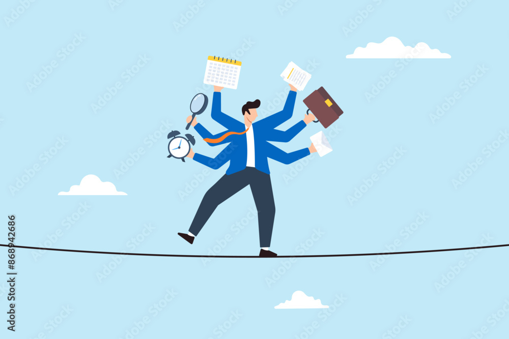 Aufkleber businessman juggling multiple tasks balancing on tightrope concept multitasking challenges