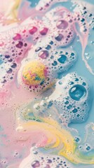 Close-up of an aromatherapy bath bomb dissolving, colorful swirls and bubbles in the water