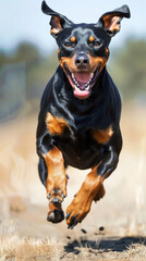 A black and brown fast doberman dog is running in the grass