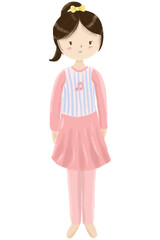 A cute little girl in a pink costume standing straight