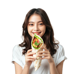 woman eating salad isolated on a White Background