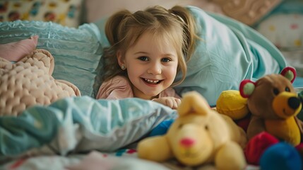 Obraz premium A Cheerful little girl in bed having fun. 