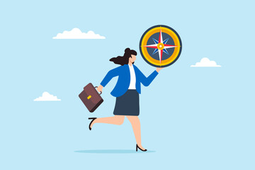 Businesswoman holding compass navigating through uncertainty concept direction strategy and adaptability