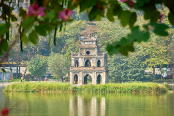 Turtle Tower Thap Rua on Hoan Kiem Lake in the daytime. Hanoi, VIETNAM.