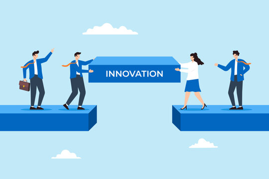 Business team constructing bridge over gap labeled Innovation concept change adapting and collaborative to achieve success