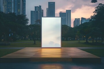 Wooden stage in a city park showcases a medium vertical digital billboard as dusk settles.
