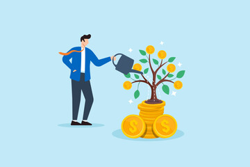 Obraz premium Businessman watering tree with coins as leaves concept financial growth investment nurturing and sustainability