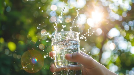 Hand holding mobile phone and take a photo Drink water pouring in to glass over sunlight and natural green background.Water splash in glass Select focus blurred background.
