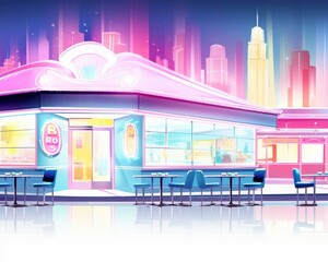 A neon-lit diner in a futuristic city. The diner has a bright pink and blue exterior and is surrounded by tall buildings.