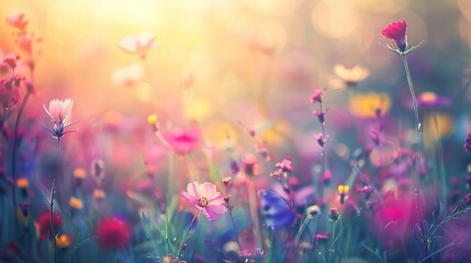 meadow flowers in early sunny fresh morning. Vintage autumn landscape background. colorful beautiful fall flowers magical 