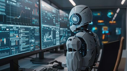 A high-tech robot working in a modern office, analyzing data on multiple computer screens, showcasing advanced AI and technology.