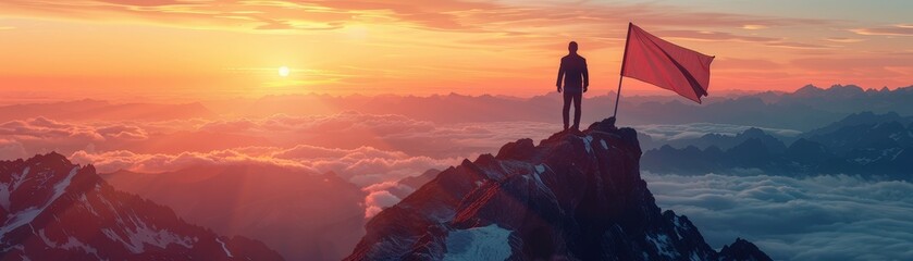 Fototapeta premium A lone hiker stands triumphantly on a mountain peak at sunrise, holding a red flag, with a breathtaking view of the surrounding landscape and clouds below.