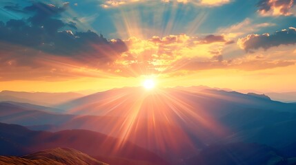 Fototapeta premium Sunset above horizon line with sun setting down behind Caucasian mountains and sun rays. Panoramic view form mountains peak on the bright sunset with clouds. Generative Ai