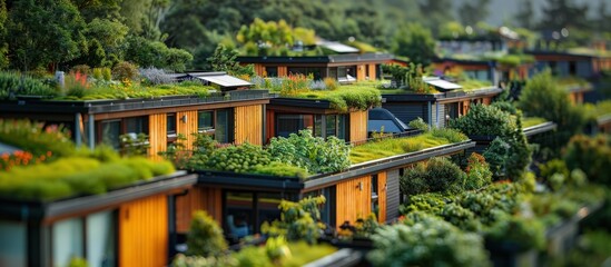 A row of modern eco-friendly houses featuring green roofs and lush vegetation, showcasing sustainable living in a residential community.