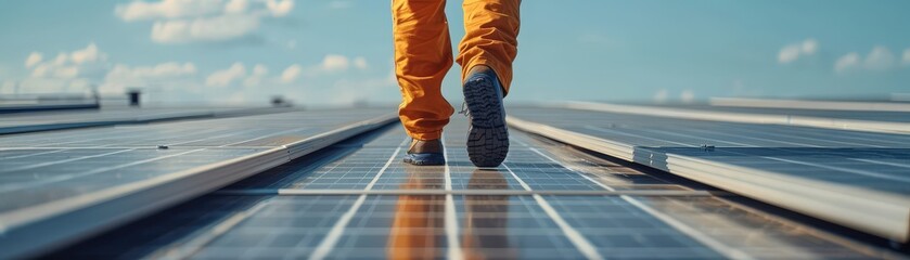 A technician in orange workwear walking on solar panels, symbolizing renewable energy and sustainable solutions under a bright, clear sky.