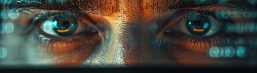 A detailed close-up of a person's eyes intensely focused on a computer screen, reflecting lines of code and data, symbolizing technology and concentration.