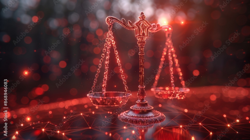 Poster unbiased artificial intelligence, scales of justice in digital world concept. digital illustration s