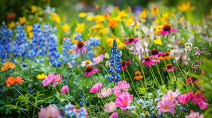 Naklejka premium Mountain meadow in sunny day. Natural summer landscape
