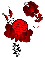 Floral ornament in two colors. Red pattern on a white background. Red and black palette. Petrikovskaya painting. Folklore Buds of ethnic flowers. Folklore. Ukrainian theme.