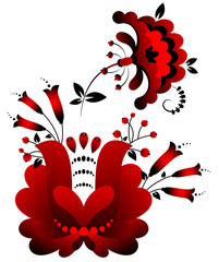 Floral ornament in two colors. Red pattern on a white background. Red and black palette. Petrikovskaya painting. Folklore Buds of ethnic flowers. Folklore. Ukrainian theme.