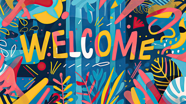 A modern and vibrant greeting card with "WELCOME" written in bold, contemporary lettering, surrounded by abstract geometric shapes in a lively color palette.