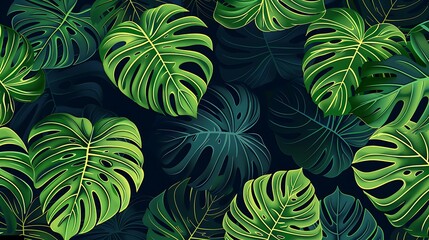 Fototapeta premium Tropical leaf line art background. Green monstera leaves pattern design wallpaper. illustration. Generative Ai