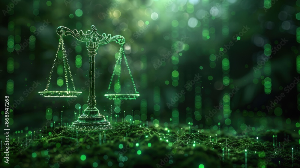 Poster unbiased artificial intelligence, scales of justice in digital world concept. digital illustration s