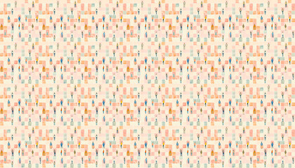 A seamless pattern, grid of small watercolor people in different poses, each person is standing on their own square tile with the same size and shape, soft pink background, minimalist style