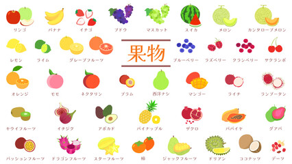 果物39種類のイラストセット。フラットなベクターイラスト。 Illustration set of 39 types of fruits. Flat vector illustration.