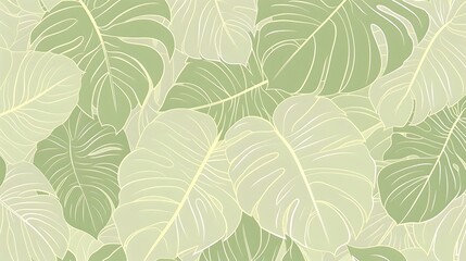 Tropical leaves background vector. Natural jungle monstera palm leaves design in minimal pale green color with contour line art style. Design for fabric, cover, decoration, wallpaper. Generative Ai