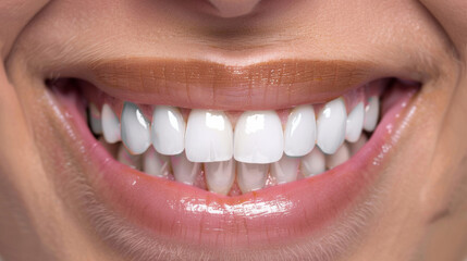 Obraz premium a smiling person with a radiant, aligned white smile, contrasting before and after views of teeth. Include a dentist's hand with tools subtly in the background