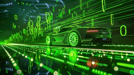 Craft an image of a concept car highlighted in fluorescent green on a sleek podium, with binary digits racing through the air, creating a dynamic and futuristic atmosphere.
