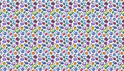 A copic illustration pattern of colorful gemstones scattered on white background, arranged in random patterns, with no clear outline or shape