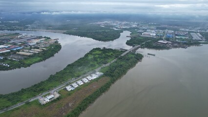 Kuching, Malaysia - July 1 2024: The Isthmus with the Twin Towers, Barrage and Borneo Convention Centre Kuching