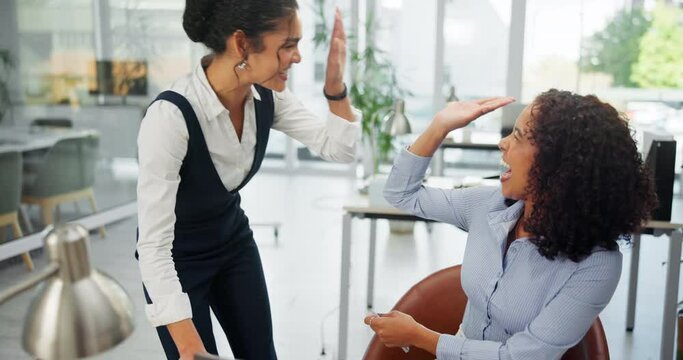 Woman, hand and high five for teamwork in office, employee and celebration or work goal for company target or laptop. Workplace, online review and collaboration support, achievement and happy people